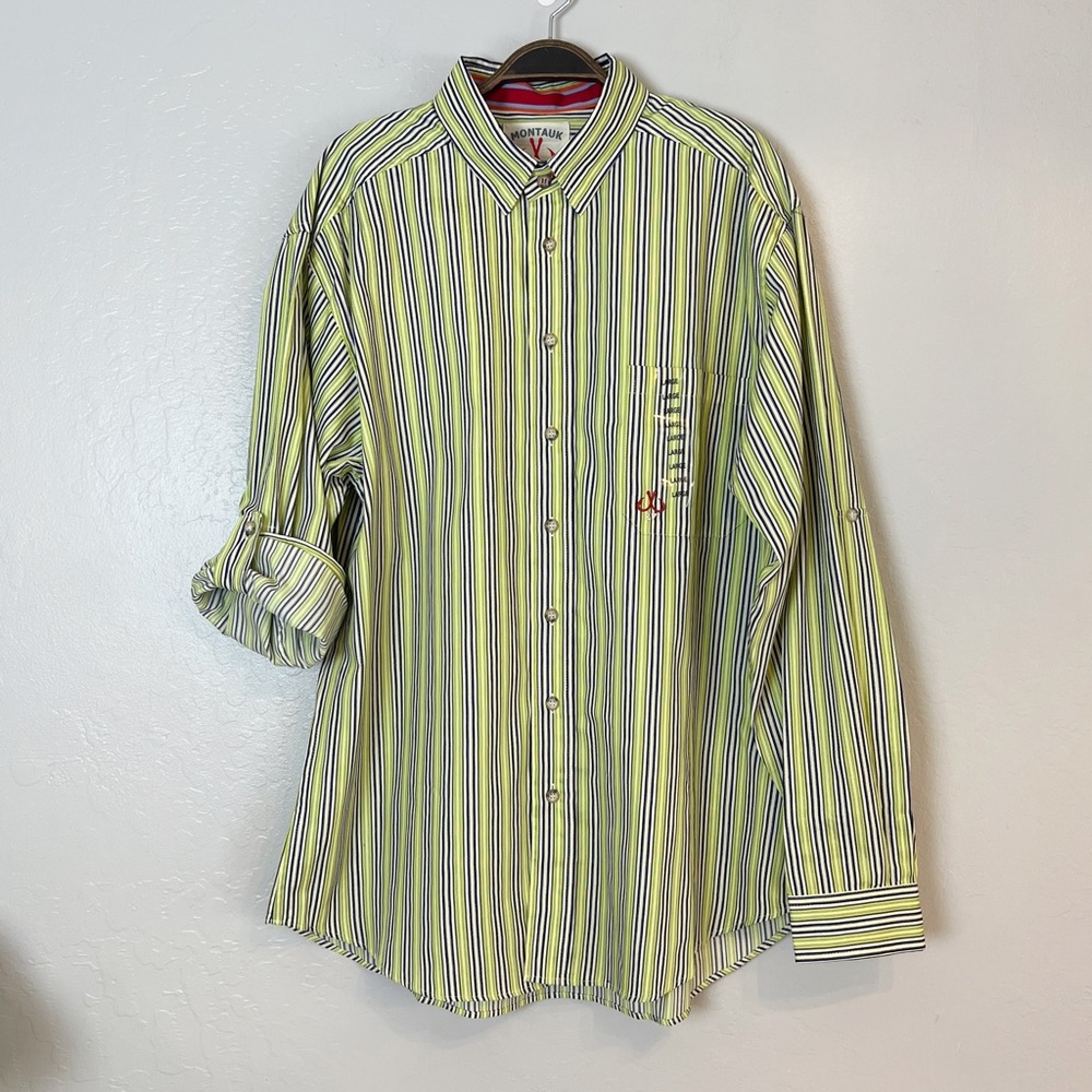 •MONTAUK TACKLE‎ CO• NEW Sea Grass Stripe Button-Down Dress Shirt Size Large